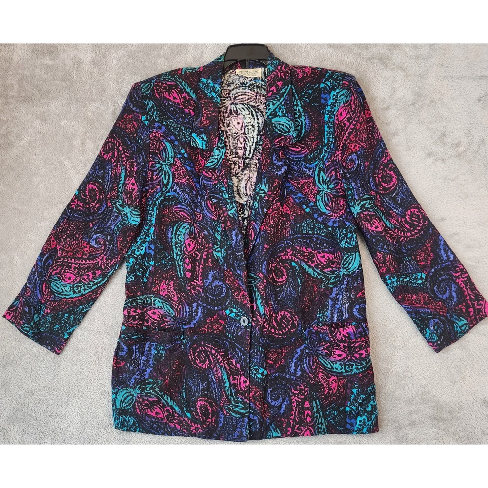 Fundamental Things Jacket Womens Size 12 Petite Black Neon Paisley Blazer USA